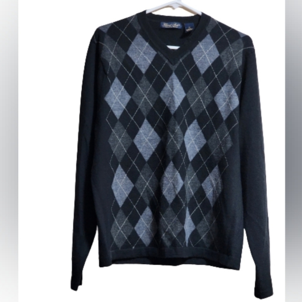 Garret Scott v neck patterned sweater 200% merino wool black grey size medium